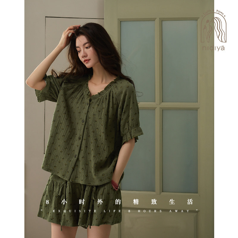 妮狄娅睡衣女夏季纯棉纱布短袖开衫款森系碎花甜美外穿家居服套装