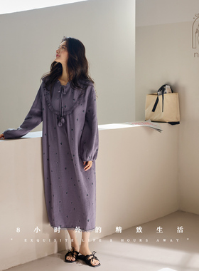 妮狄娅睡衣睡裙女春季纯棉纱布长袖紫色甜美公主中长裙春秋家居服