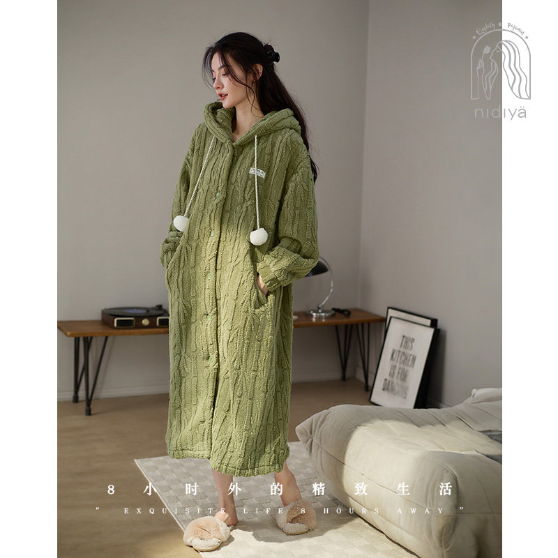 妮狄娅睡衣睡袍女冬季珊瑚绒连帽中长款减龄少女可外穿保暖家居服