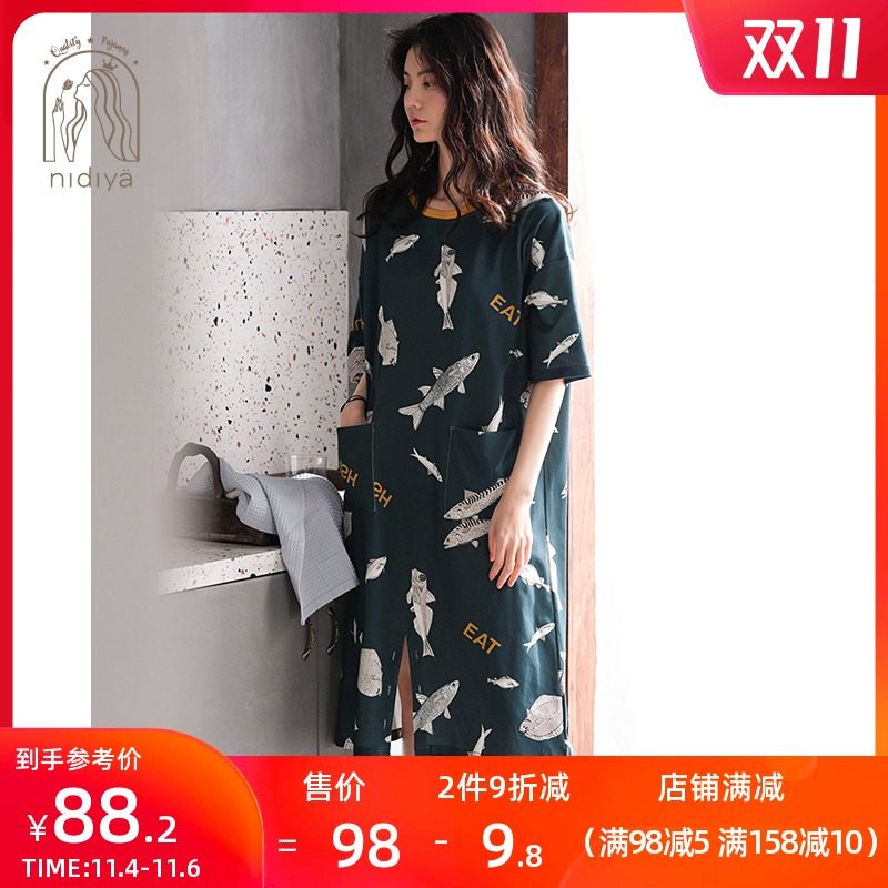 妮狄娅睡衣睡裙女夏纯棉短袖卡通休闲套头少女连体裤可外穿家居服