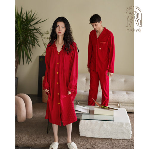 妮狄娅春秋纯棉红色结婚睡衣套装