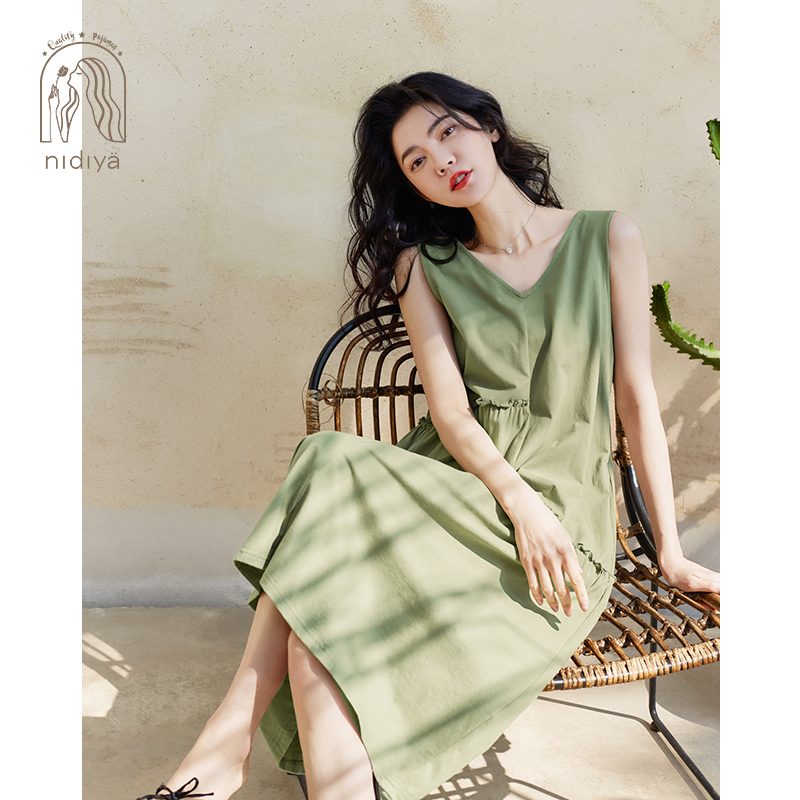 妮狄娅2023睡衣睡裙女夏季纯棉无袖v领宽松套头背心裙新款家居服