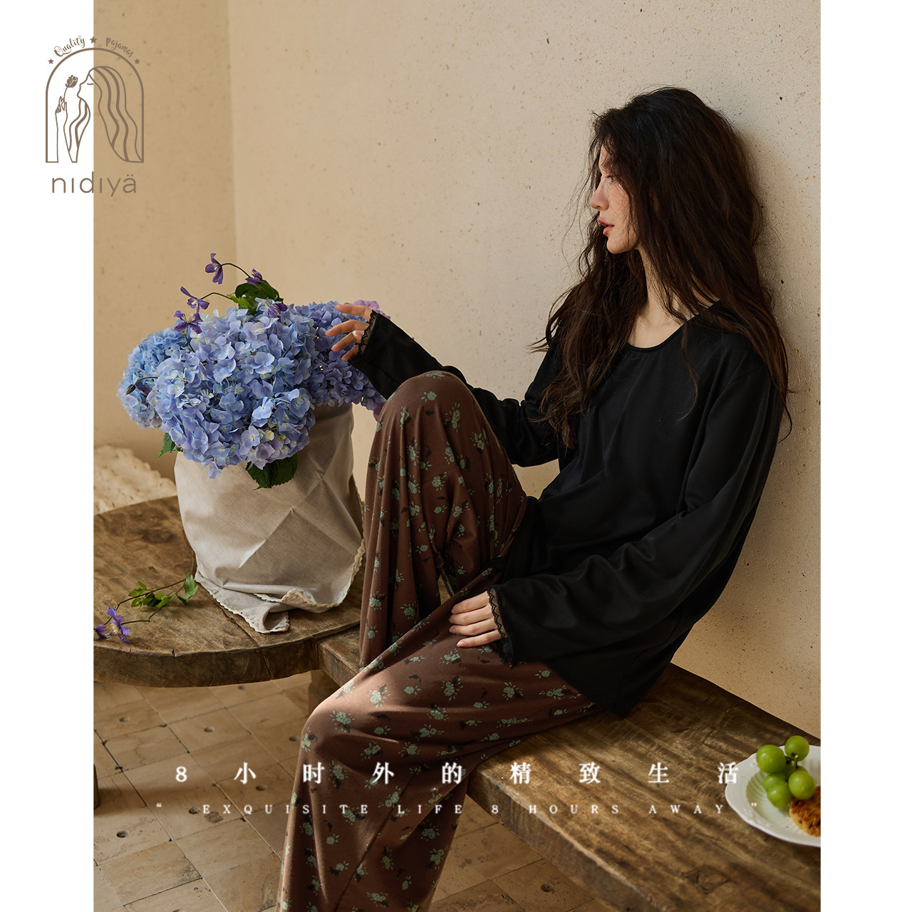 妮狄娅睡衣女秋季柔软棉长袖优雅复古碎花休闲外穿春秋家居服套装