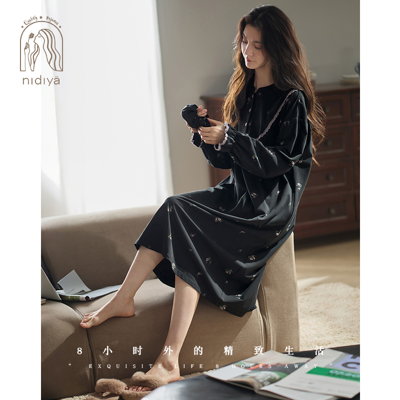妮狄娅睡衣睡裙女秋季长袖柔软棉复古花卉中长裙春秋季优雅家居服