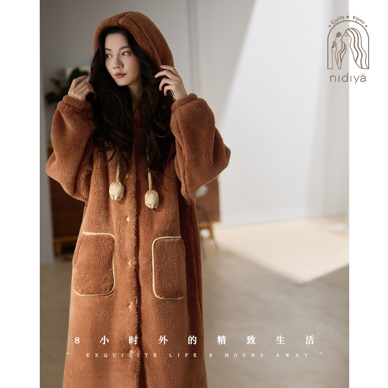 冬季珊瑚绒睡袍复古美拉德家居服