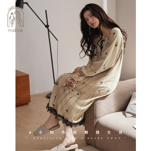 春秋季柔软棉复古花卉家居服睡裙
