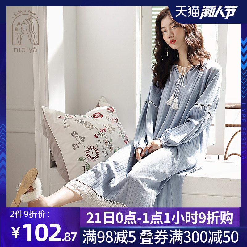 妮狄娅睡衣睡裙女秋季长袖性感夏纯棉条纹宽松大码长款春秋家居服