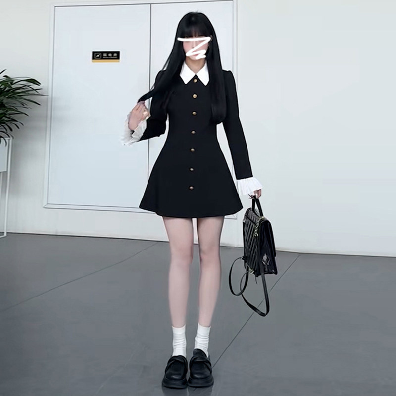 法式小香赫本风黑色长袖连衣裙子女早秋季2024新款小个子西装短裙