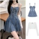 纯欲蓝色牛仔吊带连衣裙子女绑带收腰气质A字甜辣妹百褶短裙夏季
