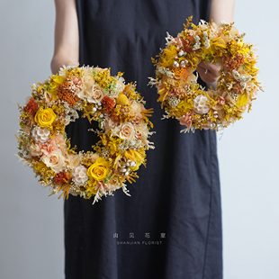 黄色森系永生花环真花黄玫瑰门墙装饰情人节生日乔迁新居礼物
