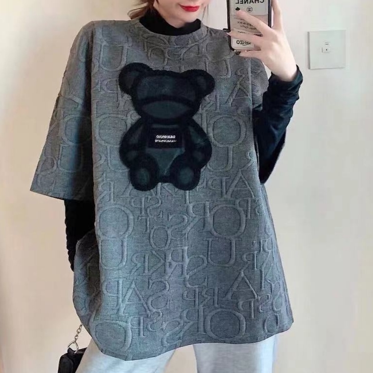 Official figure real price base shirt women's Hong Kong Style loose bear round neck thickened early spring mid long T-shirt fashion