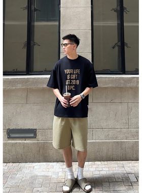 Batterup2025夏季日系宽松纯棉黑色圆领标语印花休闲短袖T恤男潮