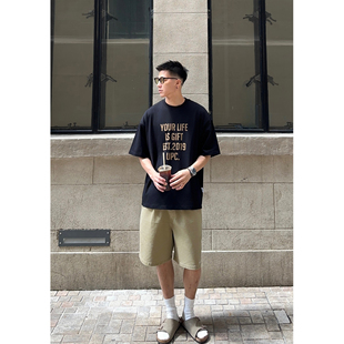 Batterup2025夏季日系宽松纯棉黑色圆领标语印花休闲短袖T恤男潮