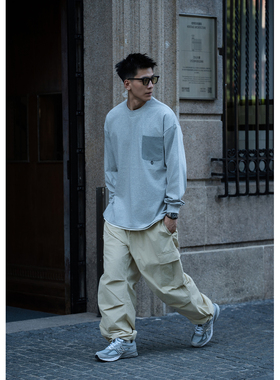 Batterup2025新款早秋上衣外套宽松抽绳花灰色口袋休闲长袖T恤男