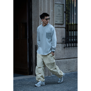 Batterup2025新款早秋上衣外套宽松抽绳花灰色口袋休闲长袖T恤男