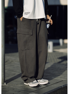 Batterup日系潮牌工装裤灰色阔腿直筒裤男宽松大口袋休闲长裤春秋