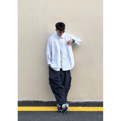 Batterup长袖日系宽松条纹衬衫