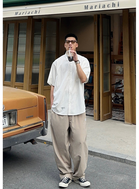 Batterup日系潮牌夏季上衣白色垂感纹理刺绣休闲百搭短袖男衬衫