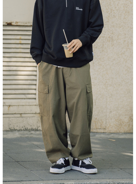 Batterup日系潮牌工装裤军绿阔腿直筒裤男宽松大口袋休闲长裤春秋