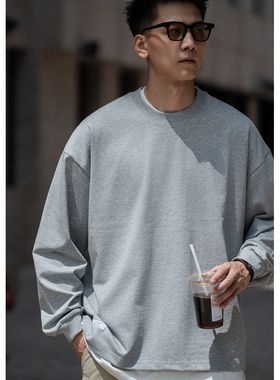 BatterUp2025春秋基础款上衣纯棉宽松纯色百搭圆领长袖T恤男潮牌