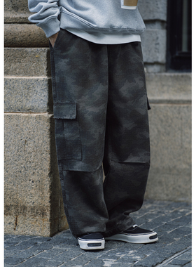 Batterup复古迷彩多口袋破坏做旧休闲裤宽松直筒潮流百搭工装裤男