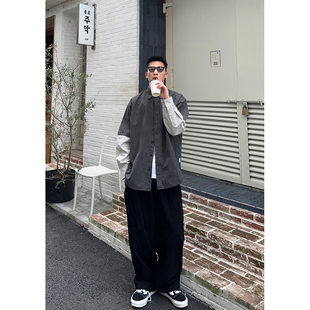 Batterup日系复古潮牌假两件上衣水洗做旧拼接工装长袖衬衫男春秋