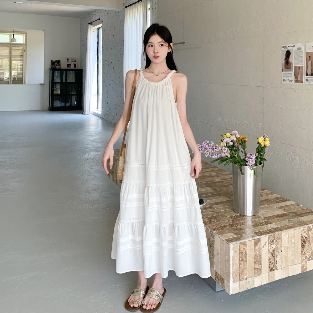 绝美超仙挂脖法式露肩连衣裙女2025年夏季新款海边度假桔梗长裙潮,女装连衣裙,浙宝239