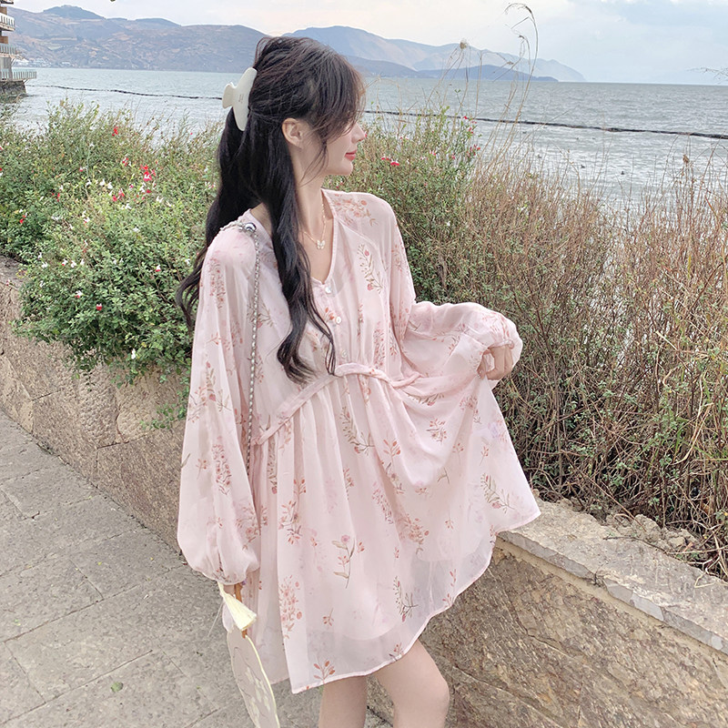 法式雪纺印花连衣裙女2025春秋季新款韩系显瘦甜美度假风吊带裙子,女装连衣裙,浙宝239