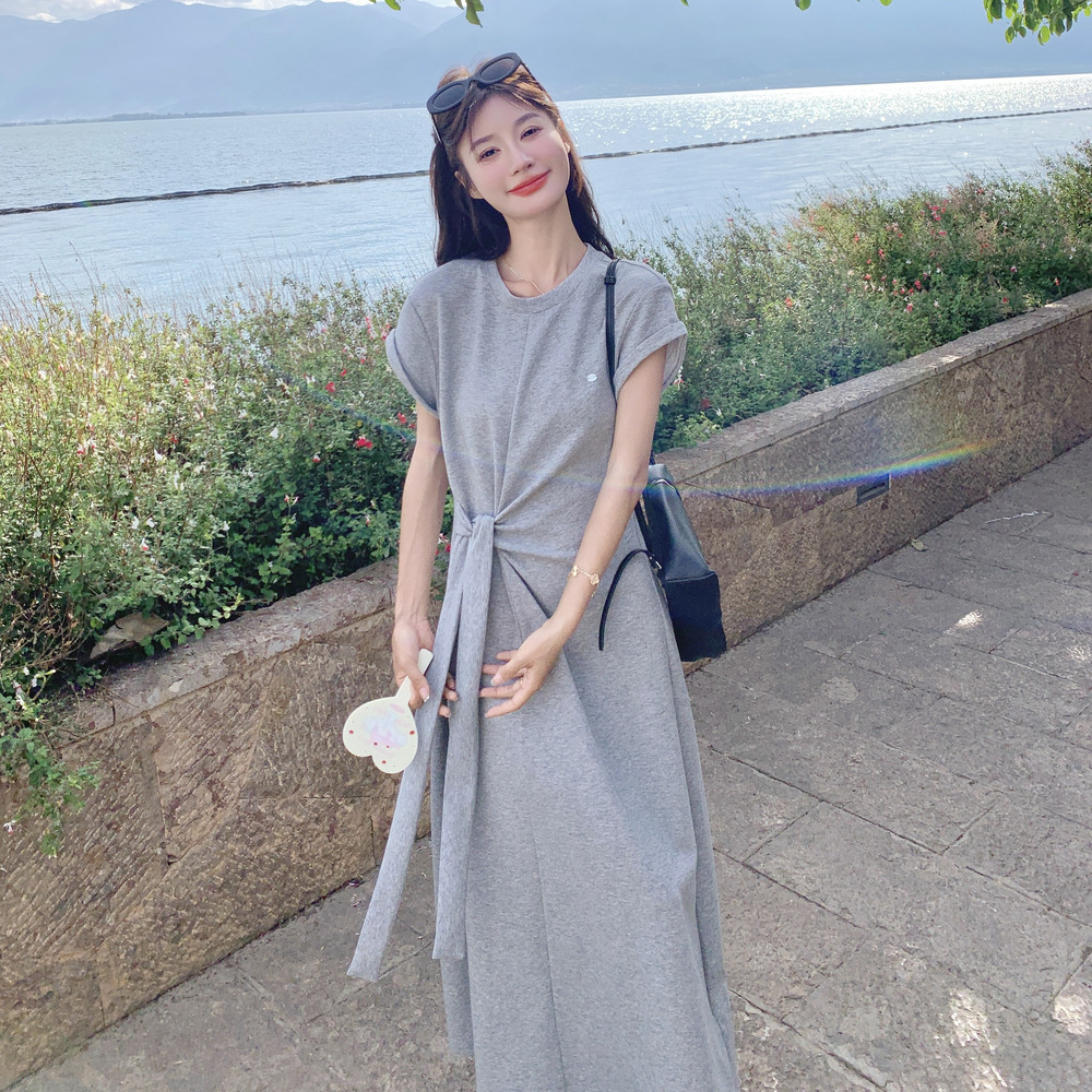 休闲运动浅灰色连衣裙女夏2025新款长裙减龄超火大方得体独特别致,女装连衣裙,浙宝239