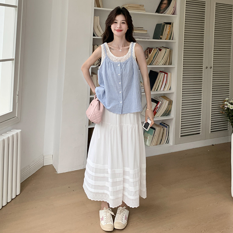 韩系小清新白色吊带连衣裙套装女2025夏季新款初恋格子小衫两件套,女装套装/套裙,浙宝239