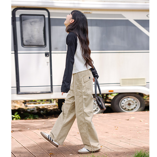 卡其色直筒工装裤宽松水洗阔脚裤