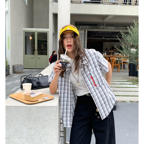 复古格纹短袖衬衫女宽松显瘦