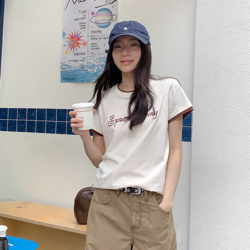 复古撞色假两件短袖T恤女正肩