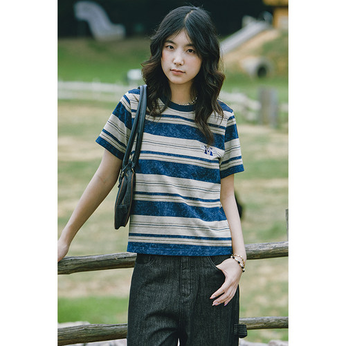 短款条纹T恤短袖纯棉洗水炒盐