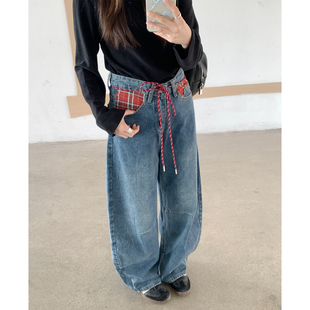 珍妮宇航局 美式复古格子口袋拼接弯刀裤休闲宽松直筒阔脚裤2025