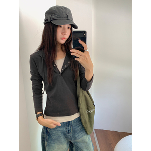 珍妮宇航局 复古撞色假两件针织连帽t恤女早秋新款修身正肩小个子