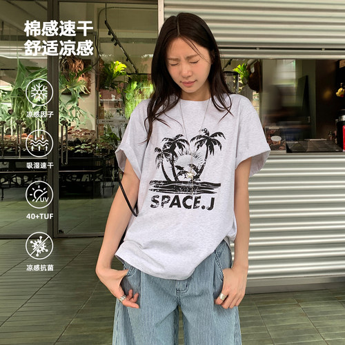 复古落日海滩印花短袖t恤女