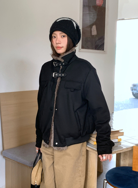 珍妮宇航局 复古加绒棉服外套女皮毛一体立领夹克宽松小个子上衣