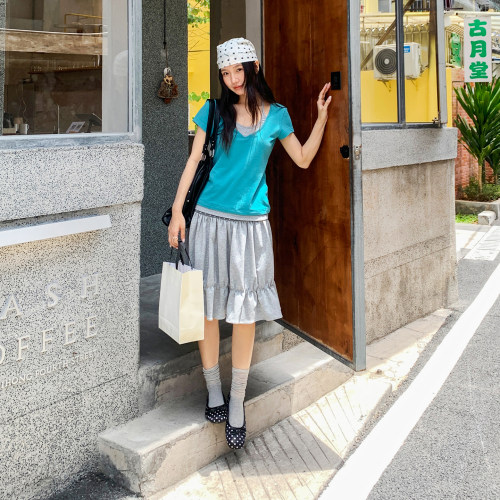 波点高腰头抽褶短裙灰色半身裙女