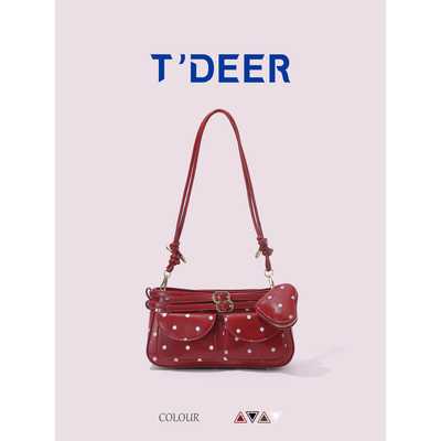 T'deer法式小众酒红色包包女2025新款高级质感波点单肩斜挎小方包