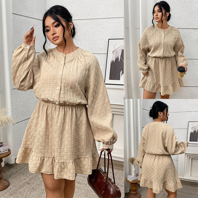 Curvy Women Autumn New Dresses 法式复古提花收腰泡泡袖A字裙