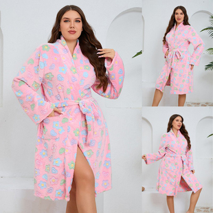Winter Plus Size Loungewear Sweet Women Flannel Robe Homewea