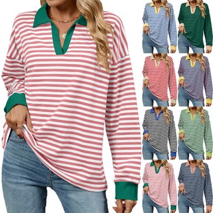 Women Sweater Contrast Lapel Shirts Striped Loose for