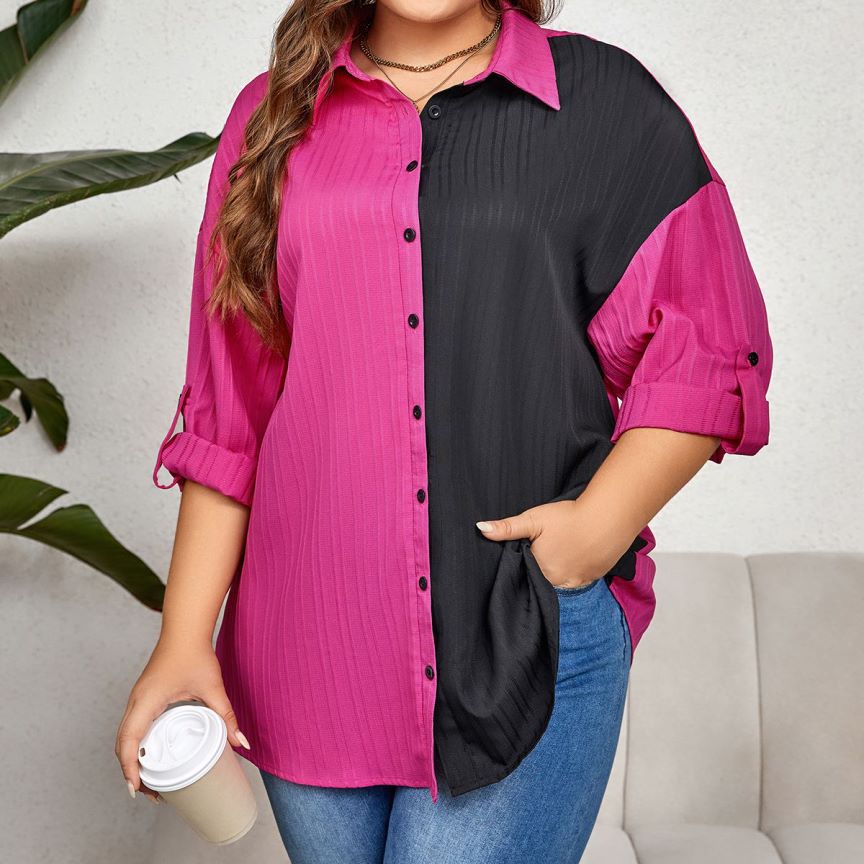 Big Size Elegant and Chic Color-Blocked Shirt for Women Work 女装/女士精品 大码内搭 原图主图