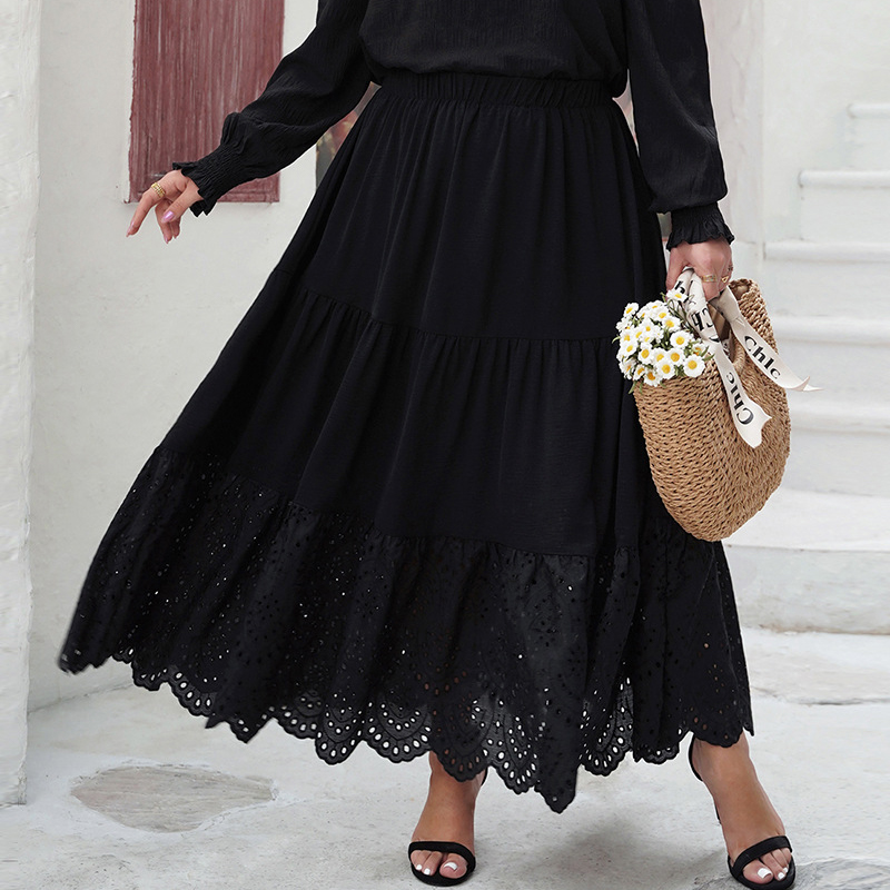 Plus Size Hollow Out Stylish Flared Lace Black Color Skirt-封面