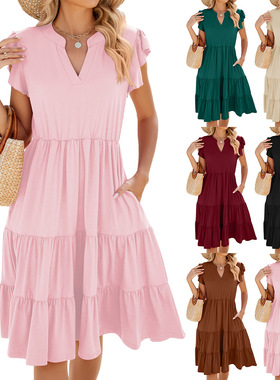 Loose Solid Color V-Neck Dress Women's Casual Shift Dress