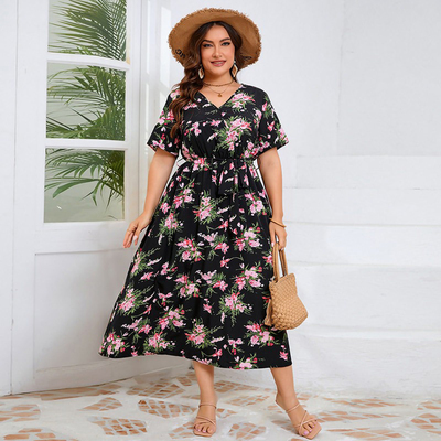 Plus Size Summer Dress 大码连收腰显瘦开叉短袖优雅碎花长裙