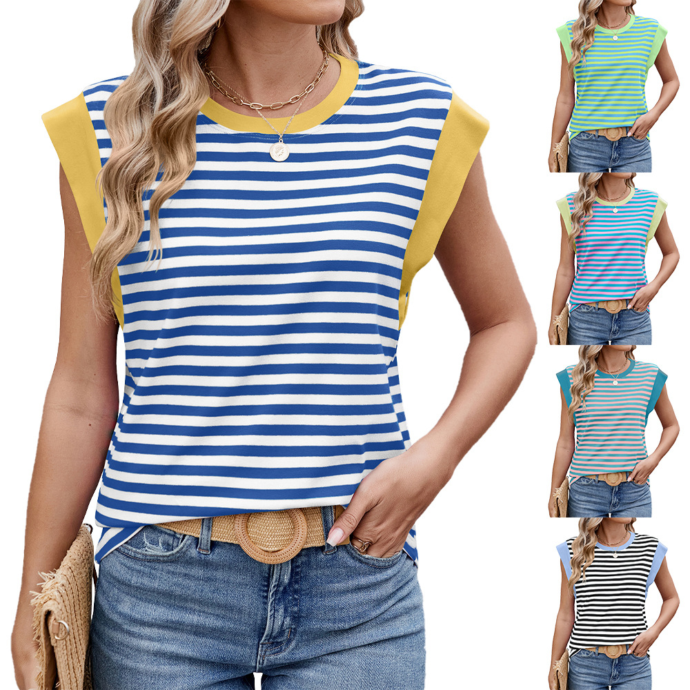2025 S/S striped color block loose T-shirt top for women