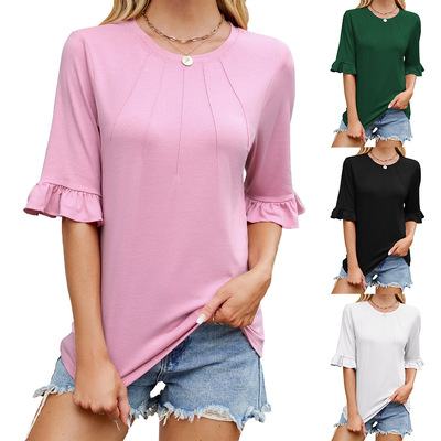 2025 Summer New Solid Color Ruffle Sleeve Women T-Shirt Top