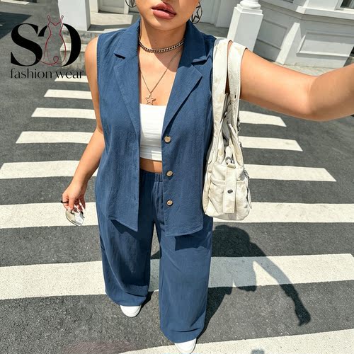 Women Plus Size 2Pcs Suit Set Sleeveless Vest Blazer + Pants